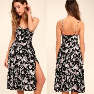 Lulus Esperanza Black Floral Print Midi Dress